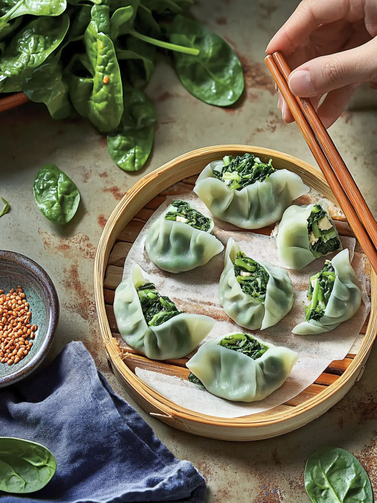 Spinach Dumplings With Tofu and Rice Noodles