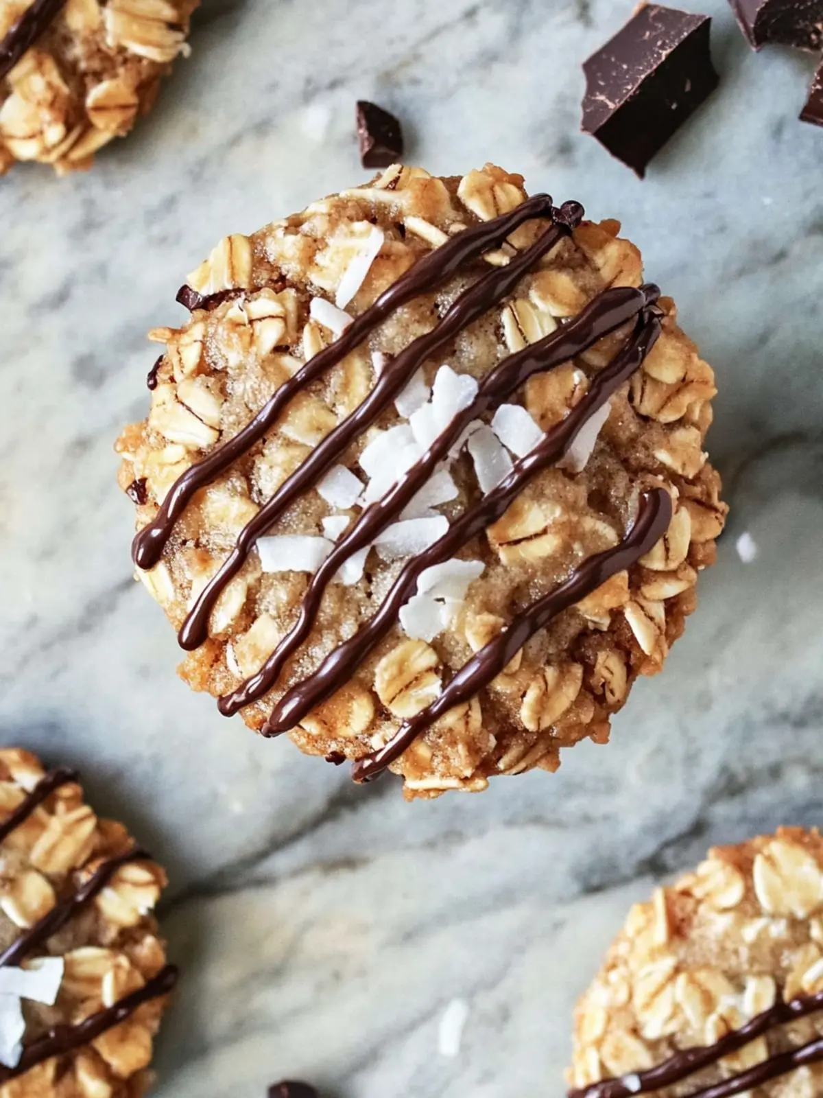 Thin Crispy Oatmeal Cookies with Toasted Coconut and Chocolate Drizzle