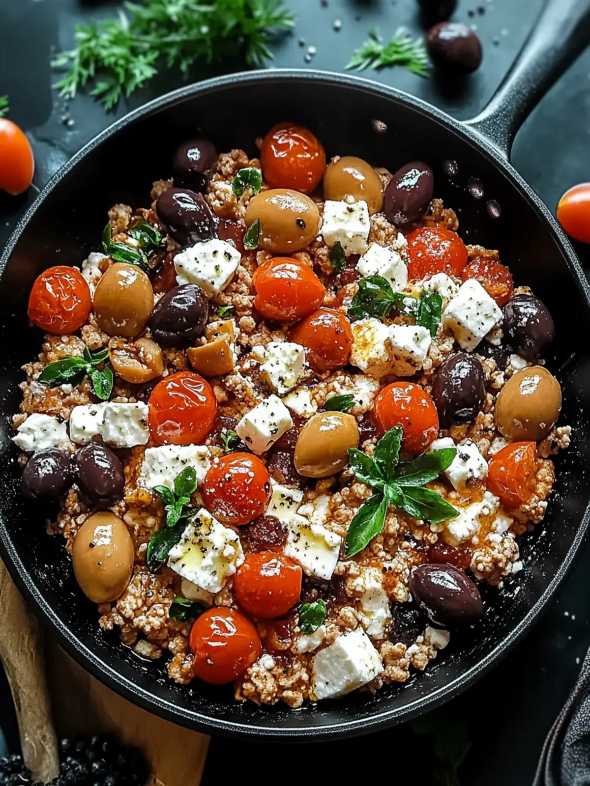 Mediterranean Keto Ground Chicken Skillet with Olives and Feta