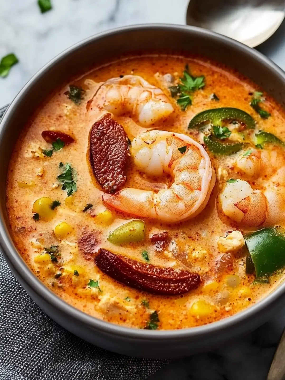 Cajun White Chicken Chili with Shrimp and Andouille