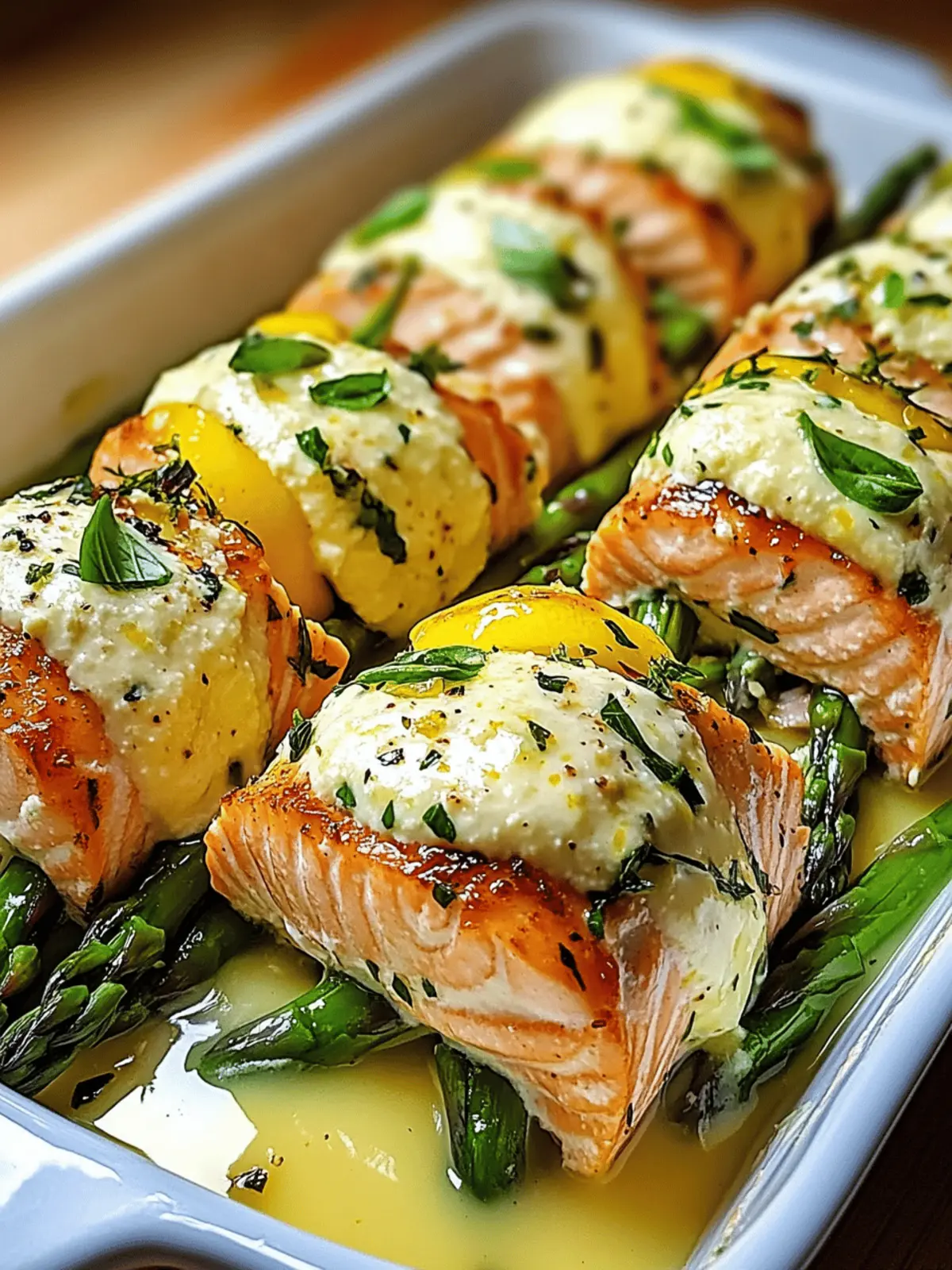 Asparagus and Lemon Basil Ricotta Stuffed Salmon Rolls with Lemon Sauce