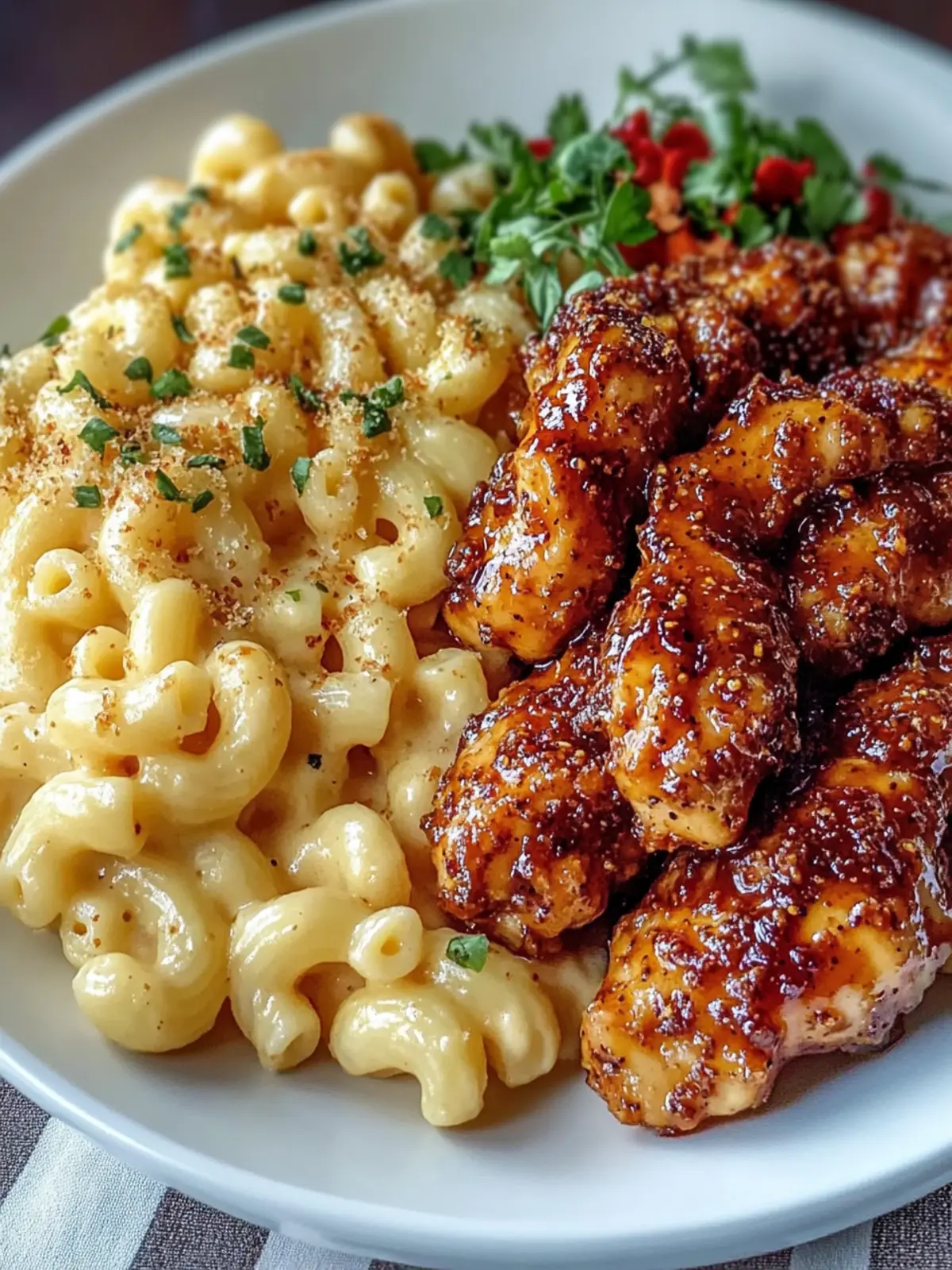 Sweet and Spicy Honey Pepper Chicken with Creamy Mac and Cheese