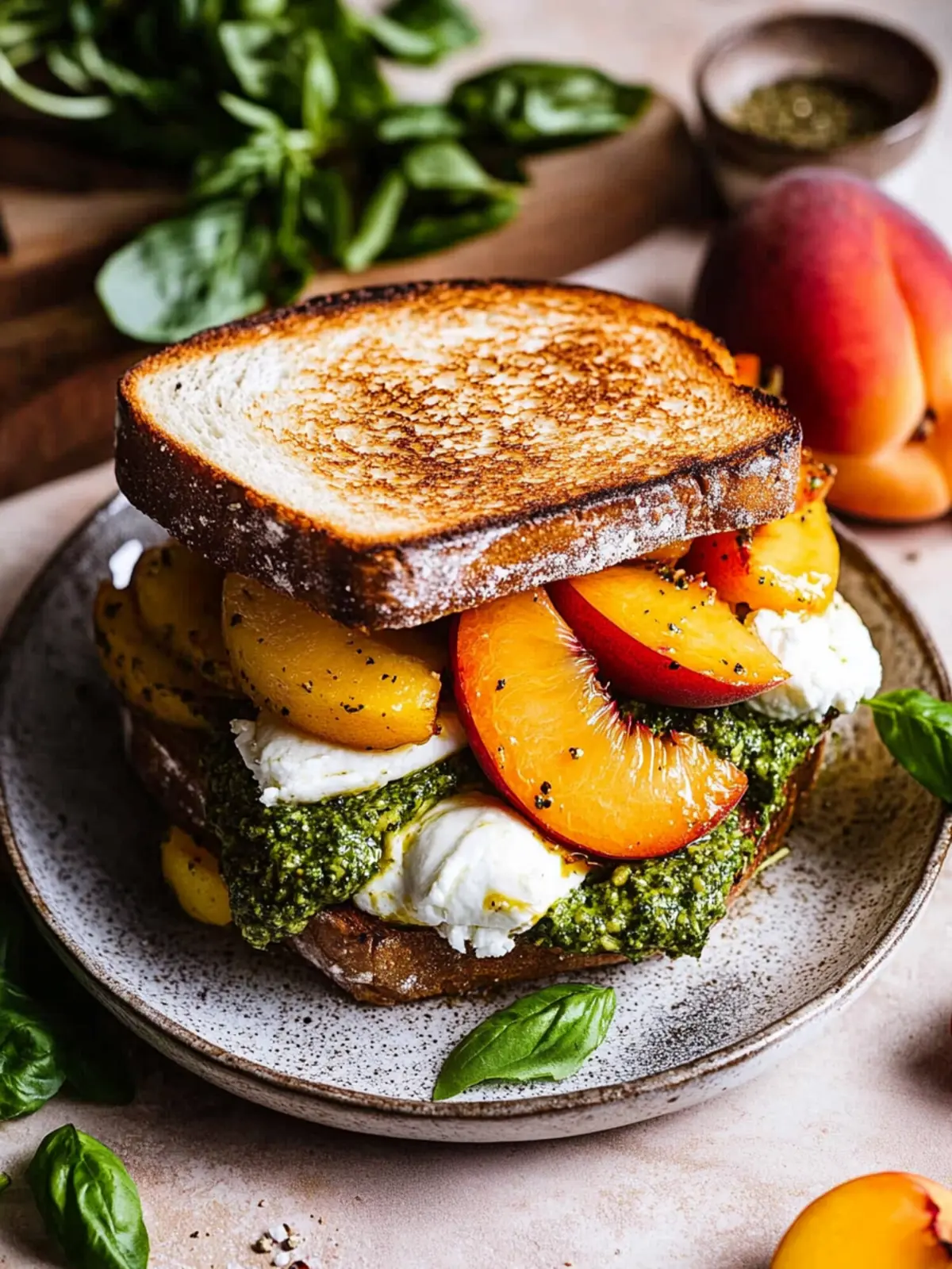 Peach, Pesto & Burrata Sandwich