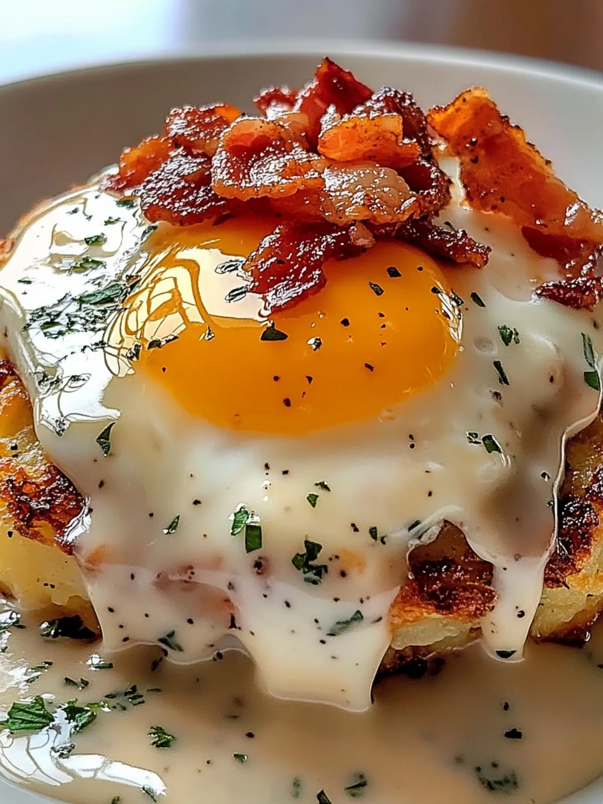 Egg Topped Hash Browns With Bacon Gravy Delight