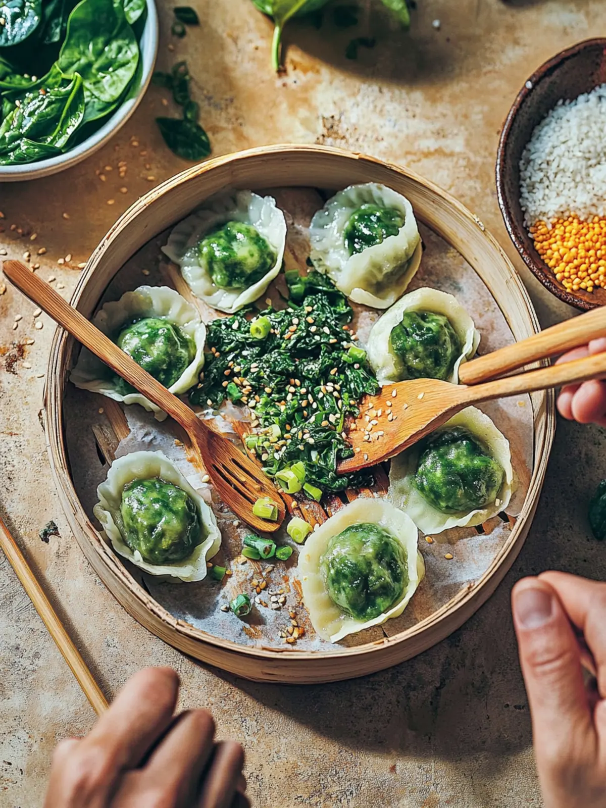 Spinach Dumplings With Tofu and Rice Noodles