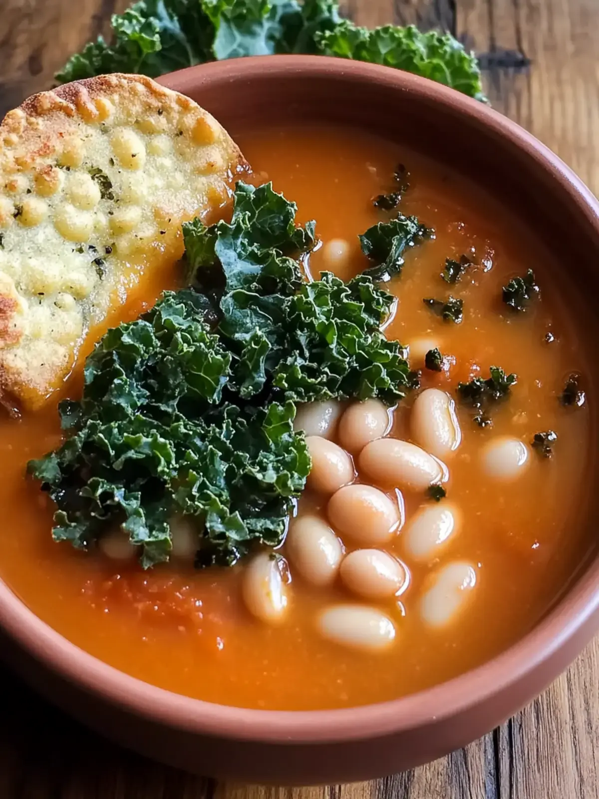 Creamy Tomato and White Bean Soup with Kale Chips