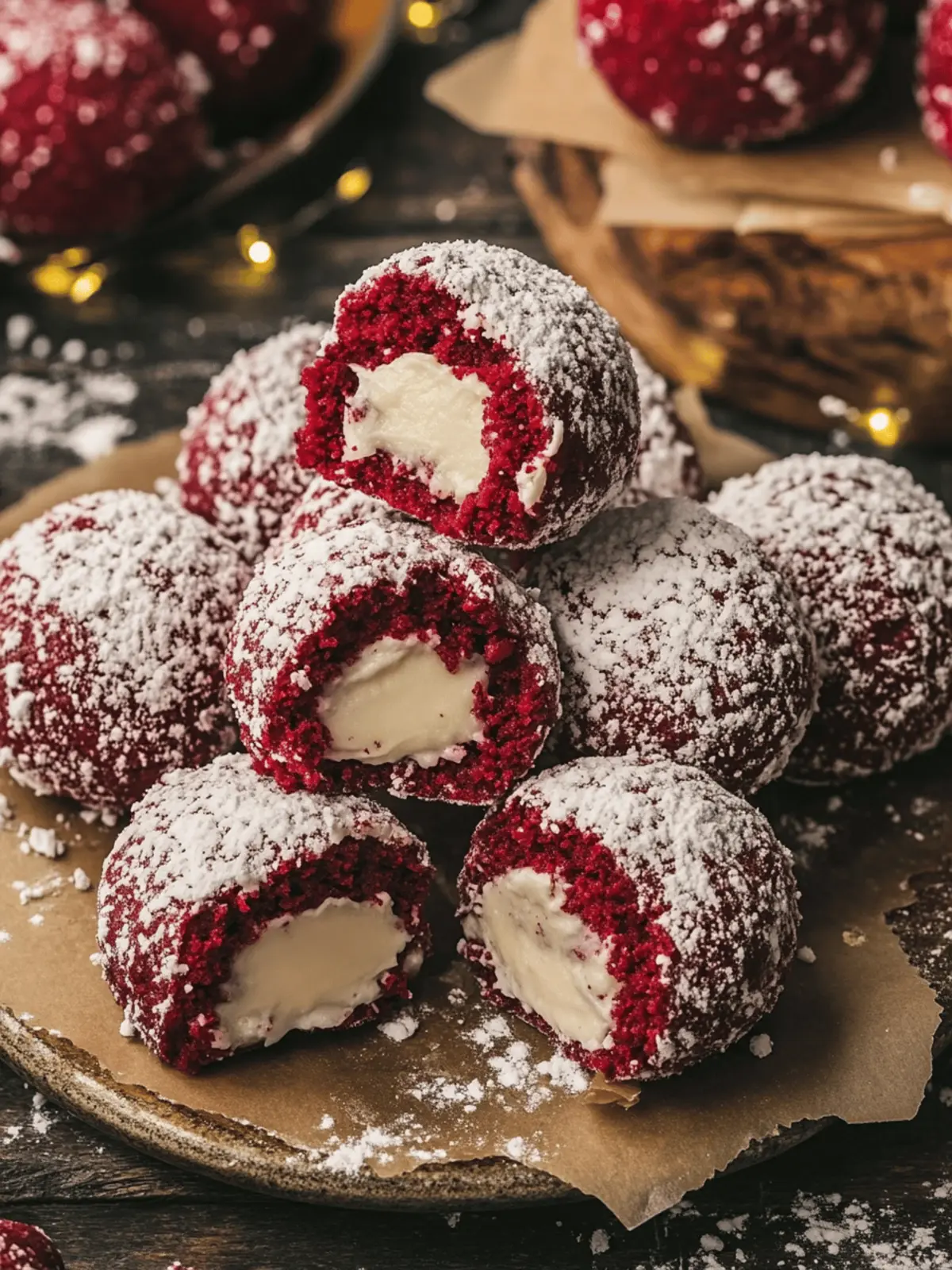 Red Velvet Snowball Cookies with White Chocolate Filling