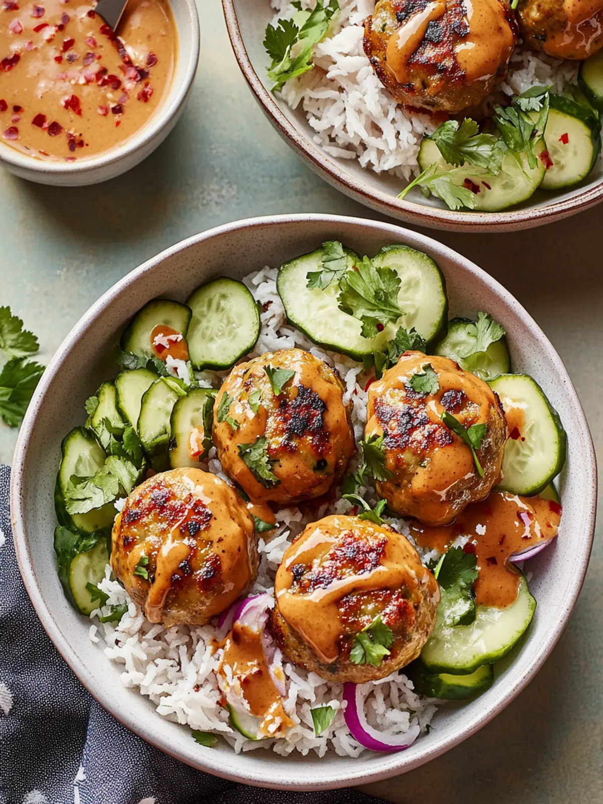 Chicken Dumpling Meatballs With Creamy Peanut Sauce