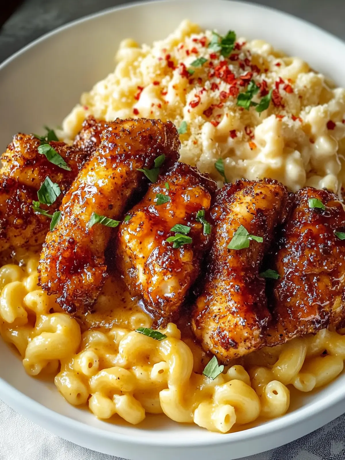 Sweet and Spicy Honey Pepper Chicken with Creamy Mac and Cheese