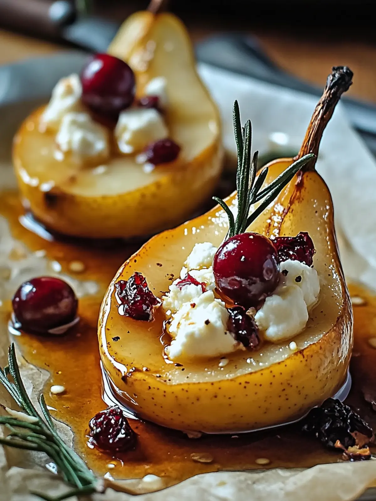 Baked Pears with Goat Cheese, Honey, and Cranberries
