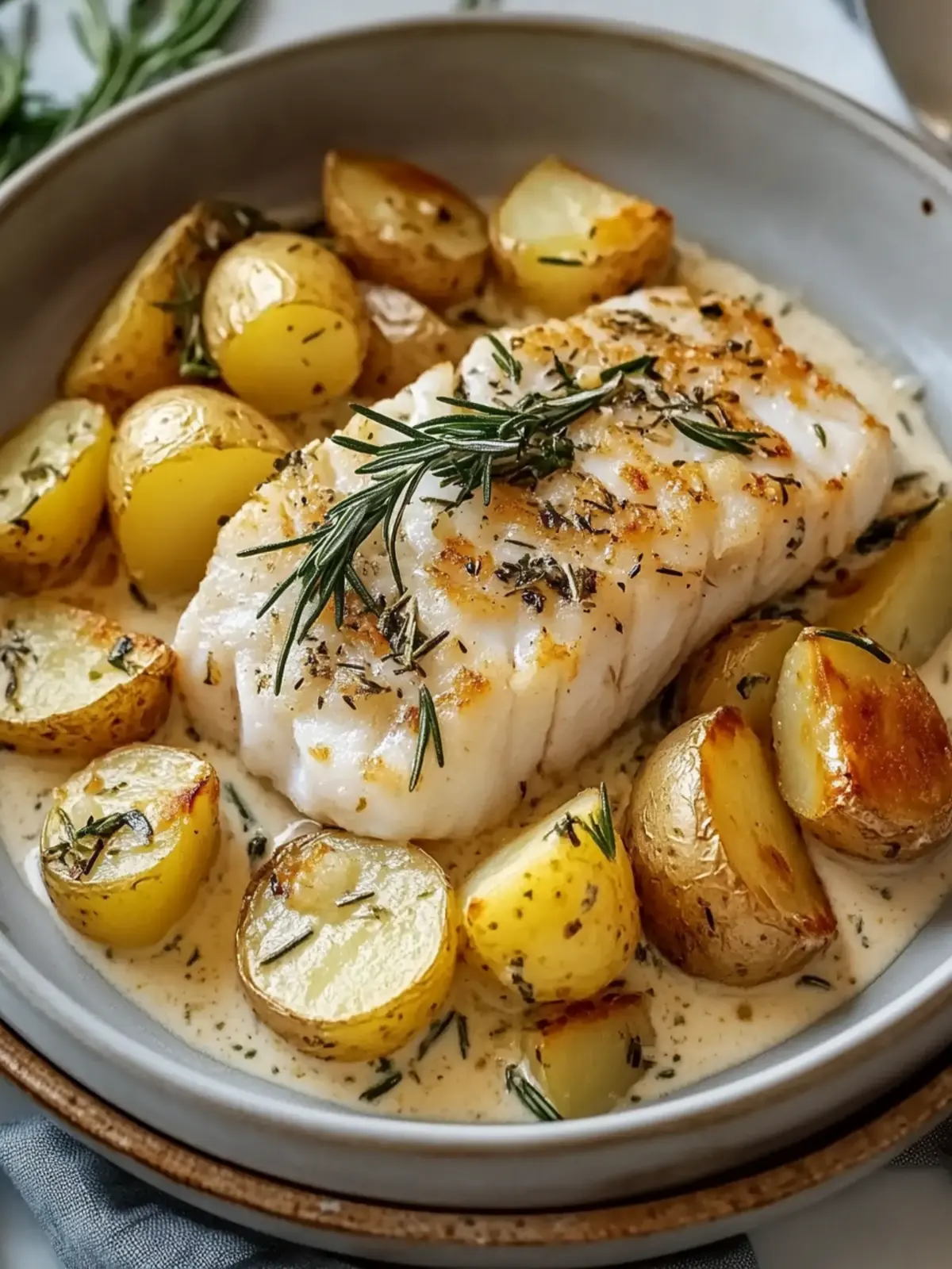Cod and Potatoes with Rosemary Cream Sauce