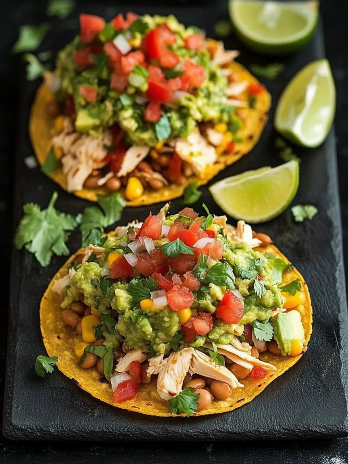 Chicken, Guacamole and Bean Tostadas