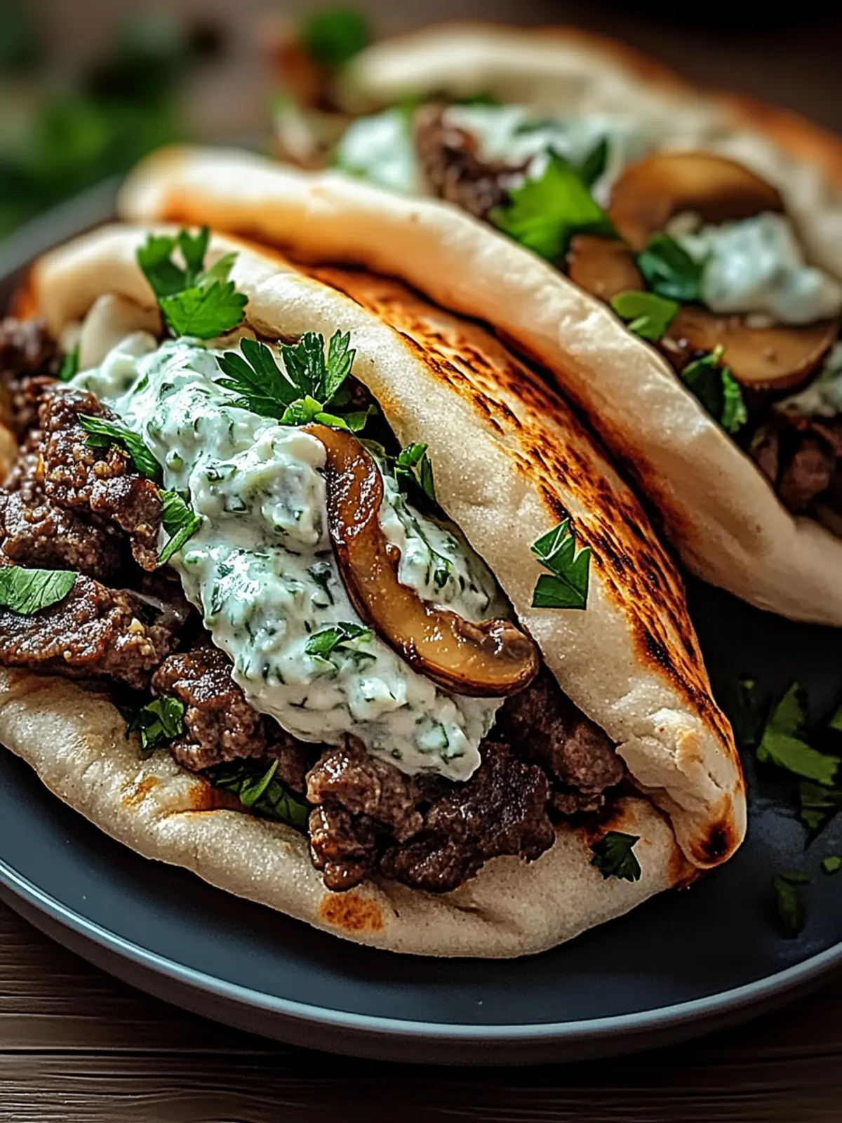 Cheesy Beef and Mushroom Pita Pockets with Tzatziki Sauce