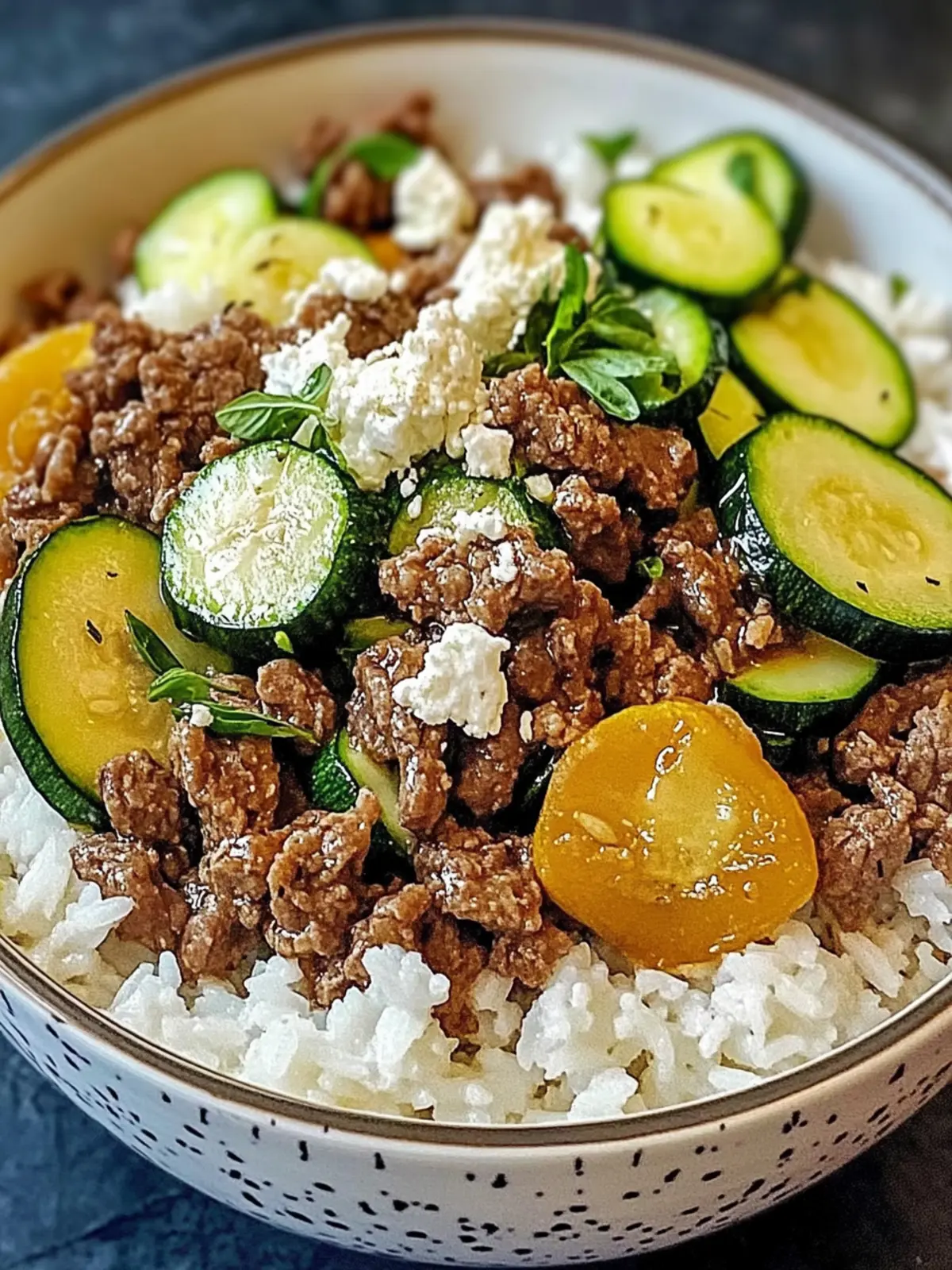 Greek-Style Beef and Zucchini Rice Bowl