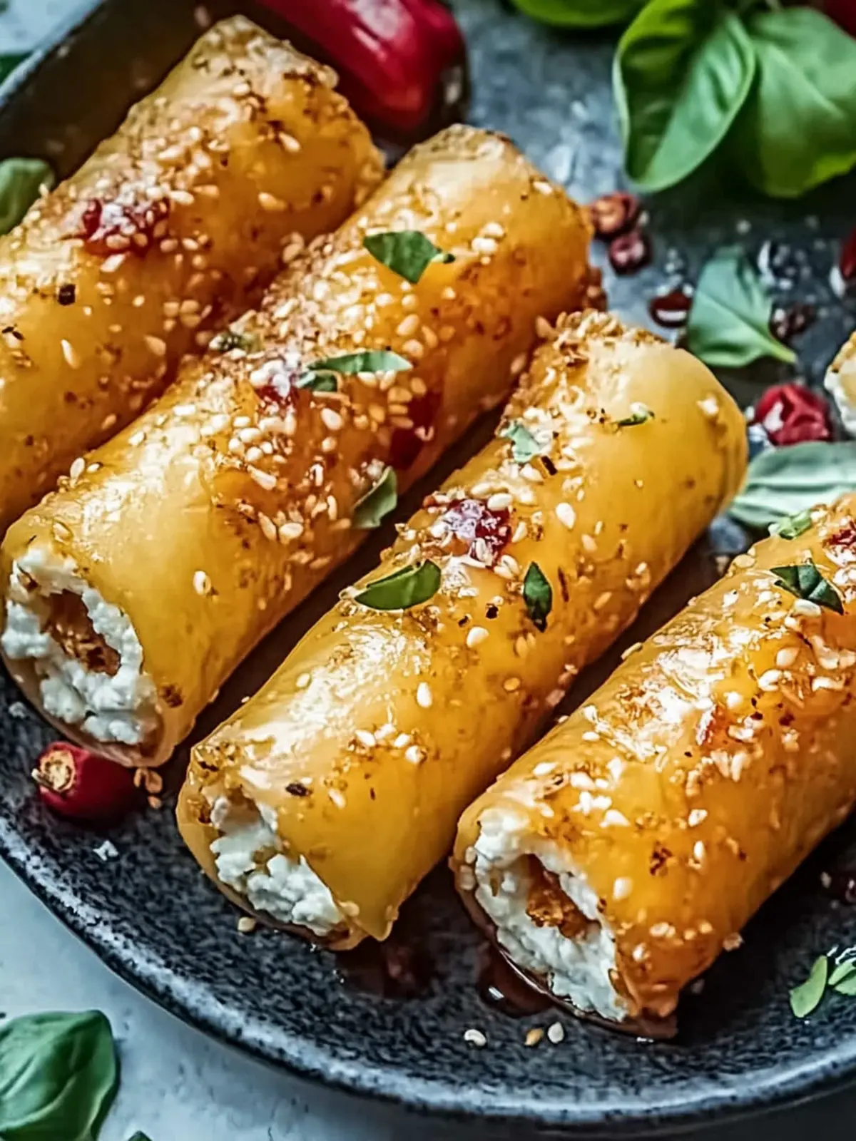 Oven Fried Feta Rolls with Chili Honey