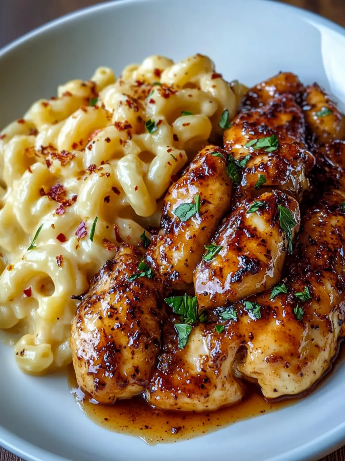Sweet and Spicy Honey Pepper Chicken with Creamy Mac and Cheese