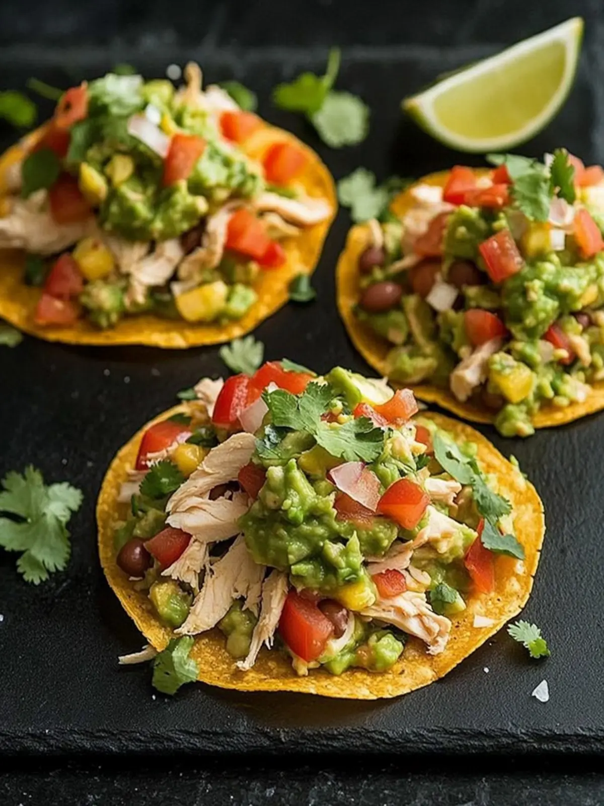 Chicken, Guacamole and Bean Tostadas