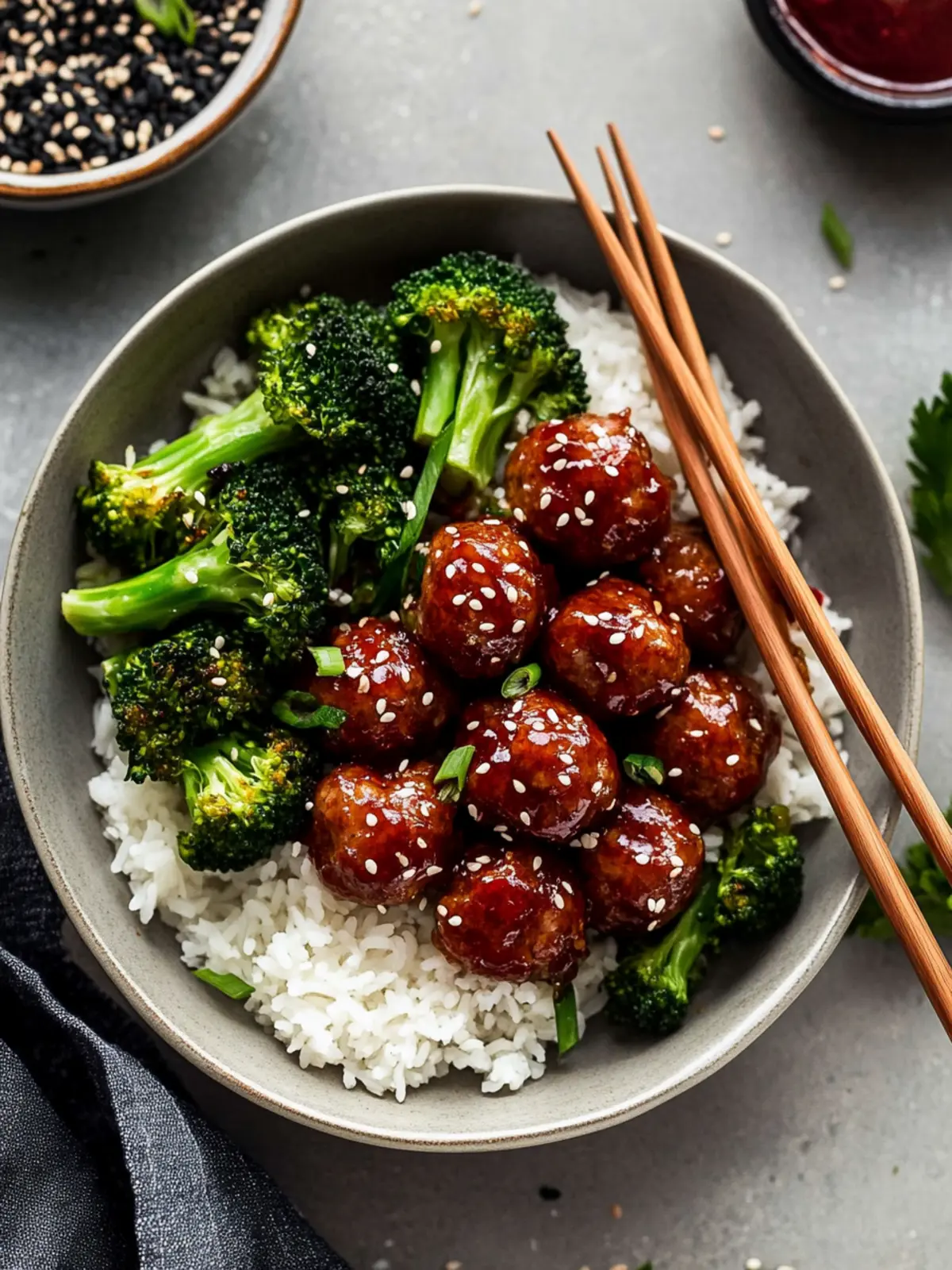 Sticky Mongolian Meatballs and Broccoli
