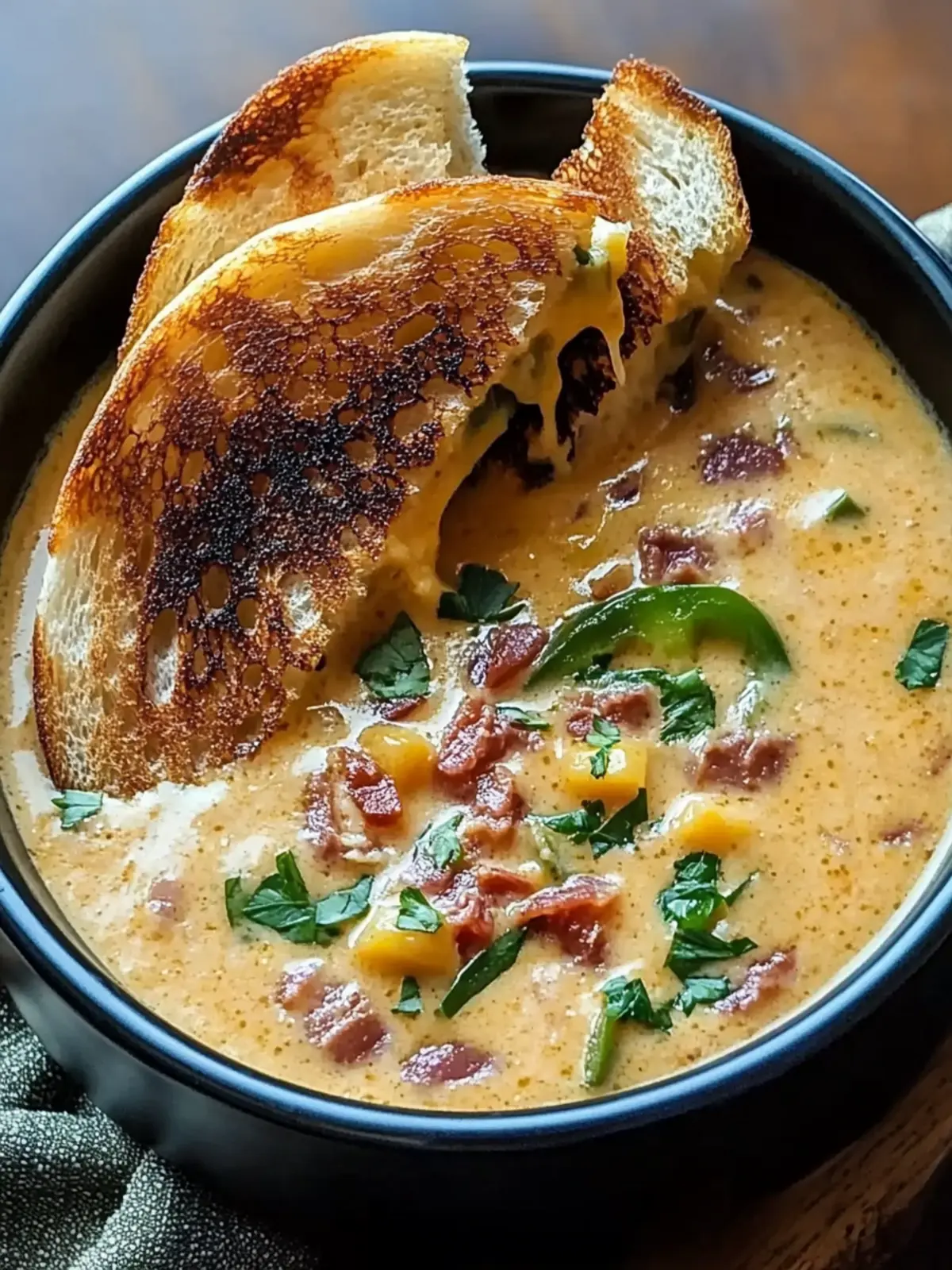 Spicy Jalapeño Popper Soup with Grilled Cheese Dippers