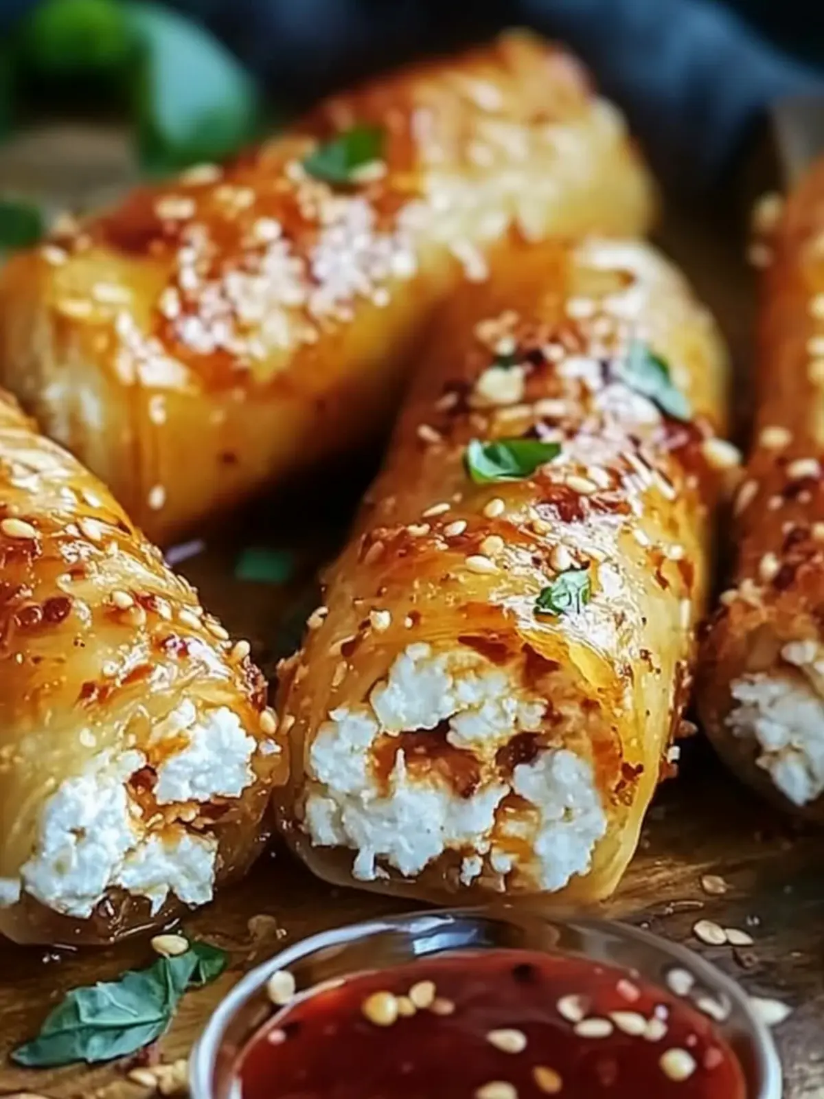Oven Fried Feta Rolls with Chili Honey