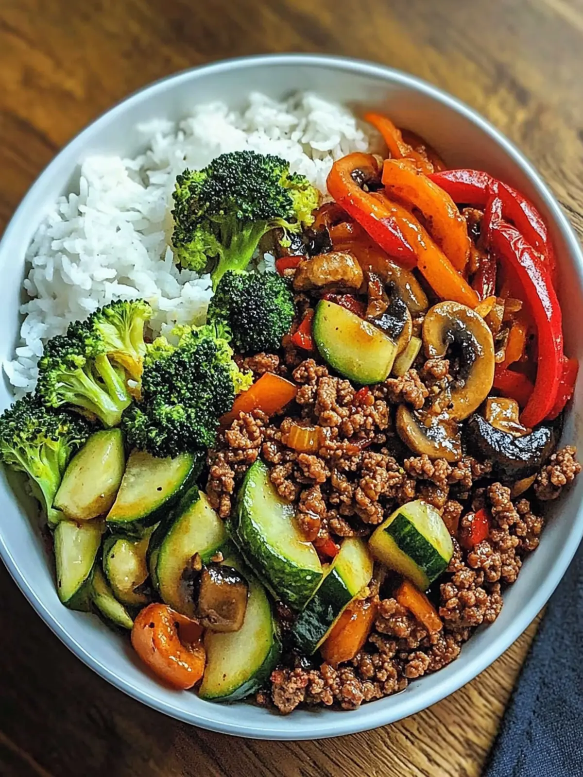 Spicy Ground Beef Stir-Fry Bowl with Garlic Veggies & Steamy Rice