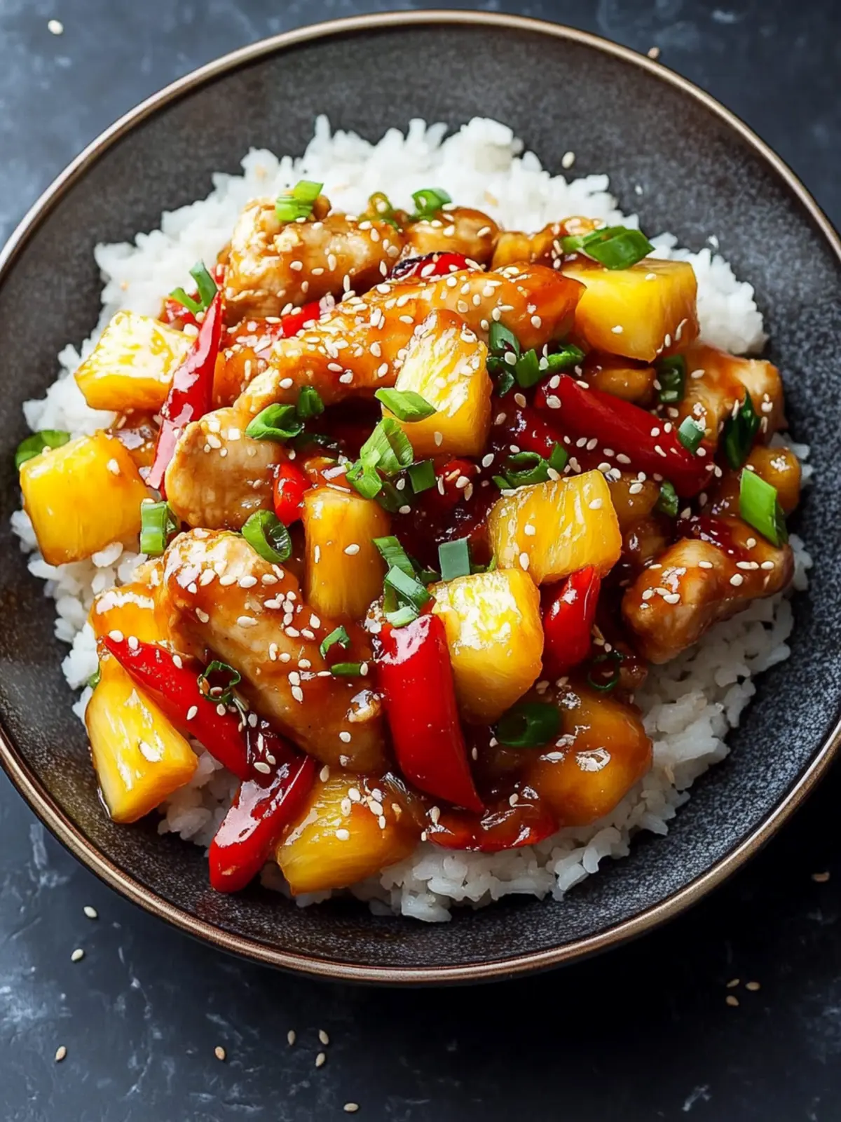 Pineapple Chicken Stir-Fry with Sweet Chili and Sesame Seeds