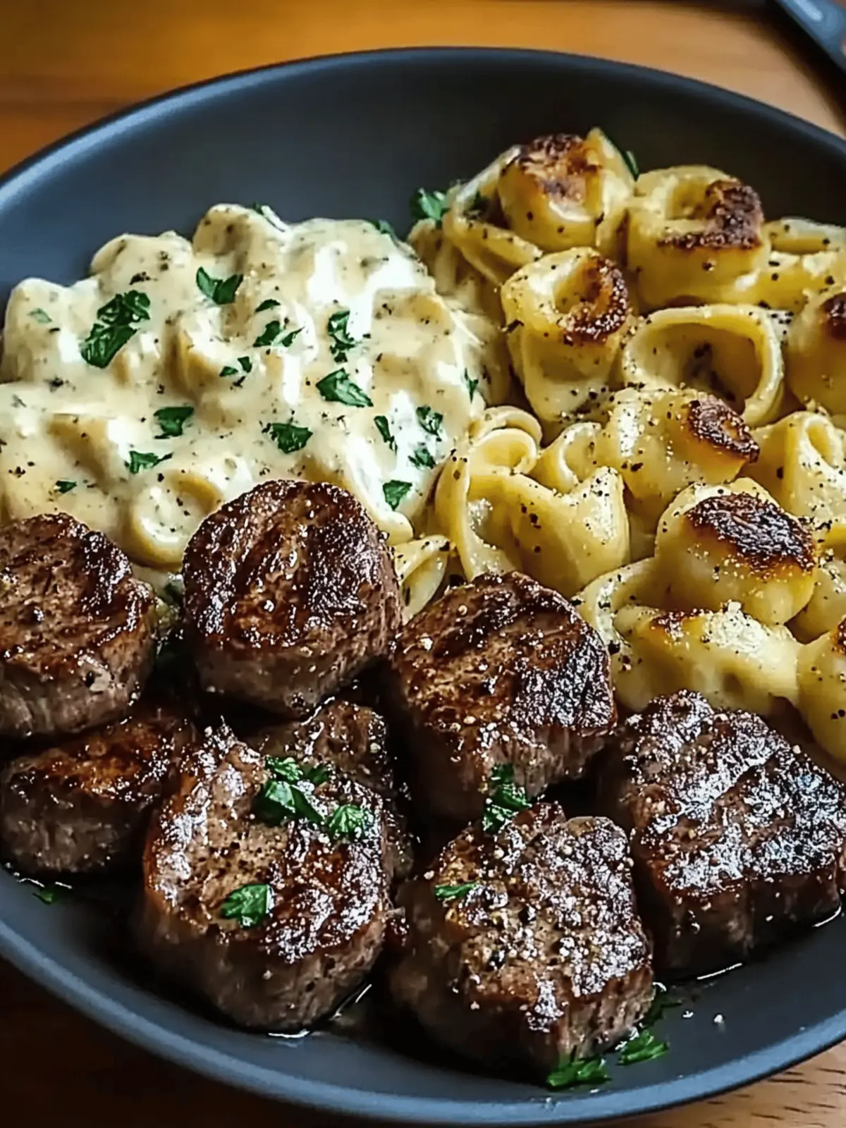 Garlic Butter Steak Bites & Creamy Alfredo Tortellini