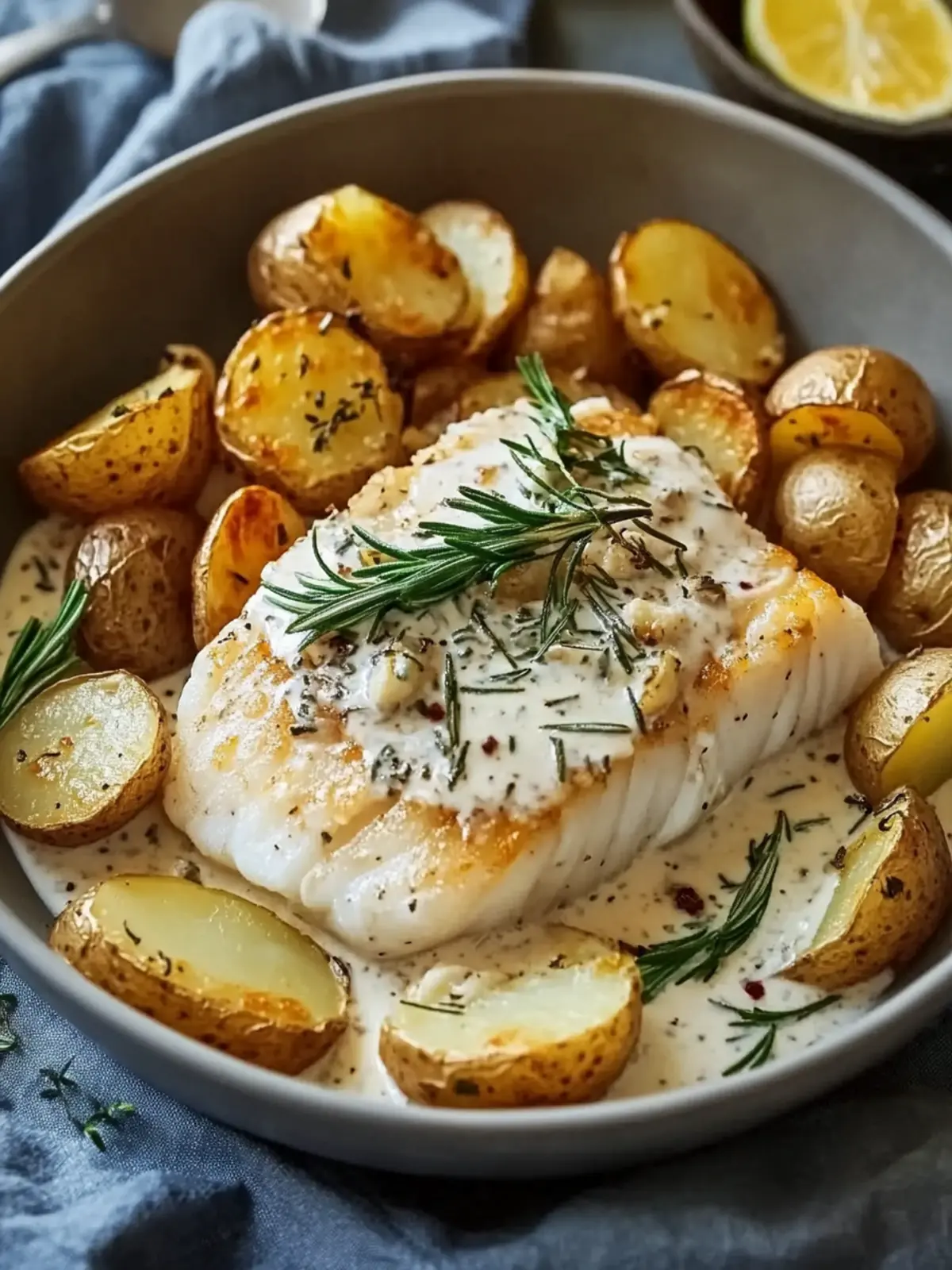 Cod and Potatoes with Rosemary Cream Sauce