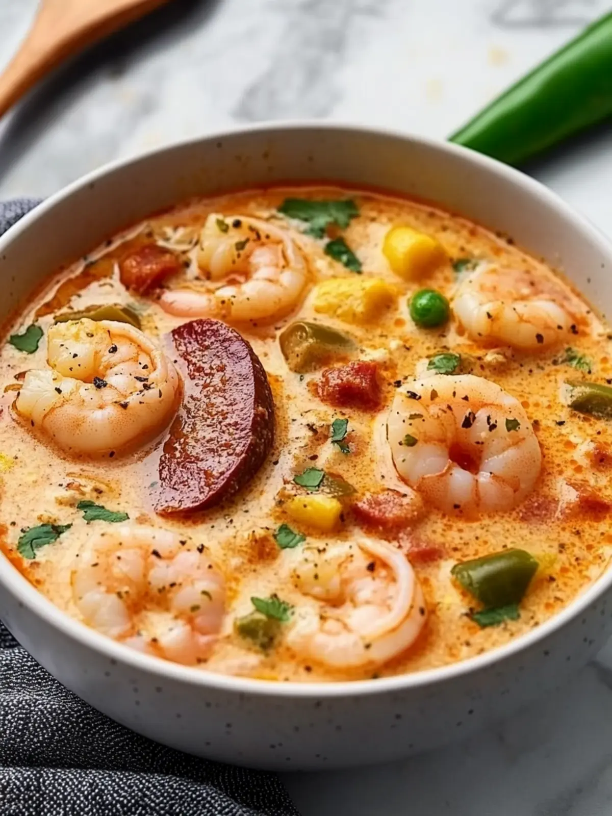 Cajun White Chicken Chili with Shrimp and Andouille