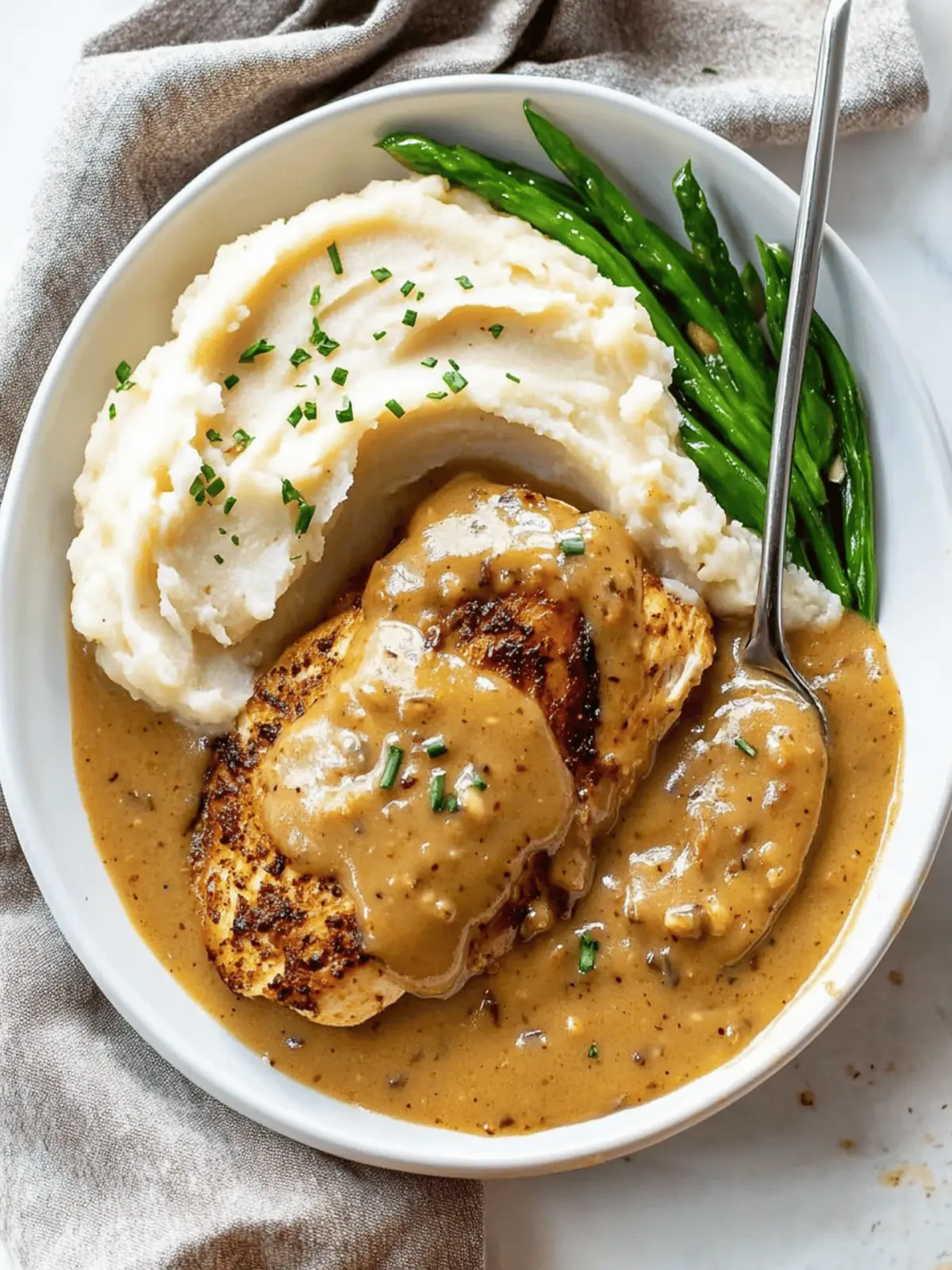 Chicken and Garlic Gravy with Cheesy Mashed Potatoes