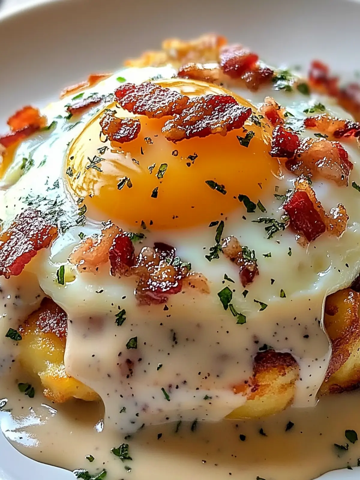 Egg Topped Hash Browns With Bacon Gravy Delight