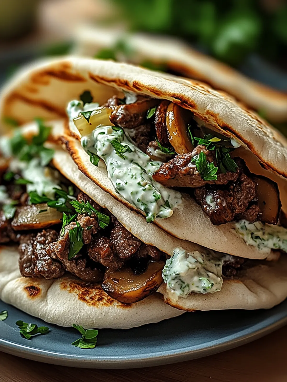 Cheesy Beef and Mushroom Pita Pockets with Tzatziki Sauce