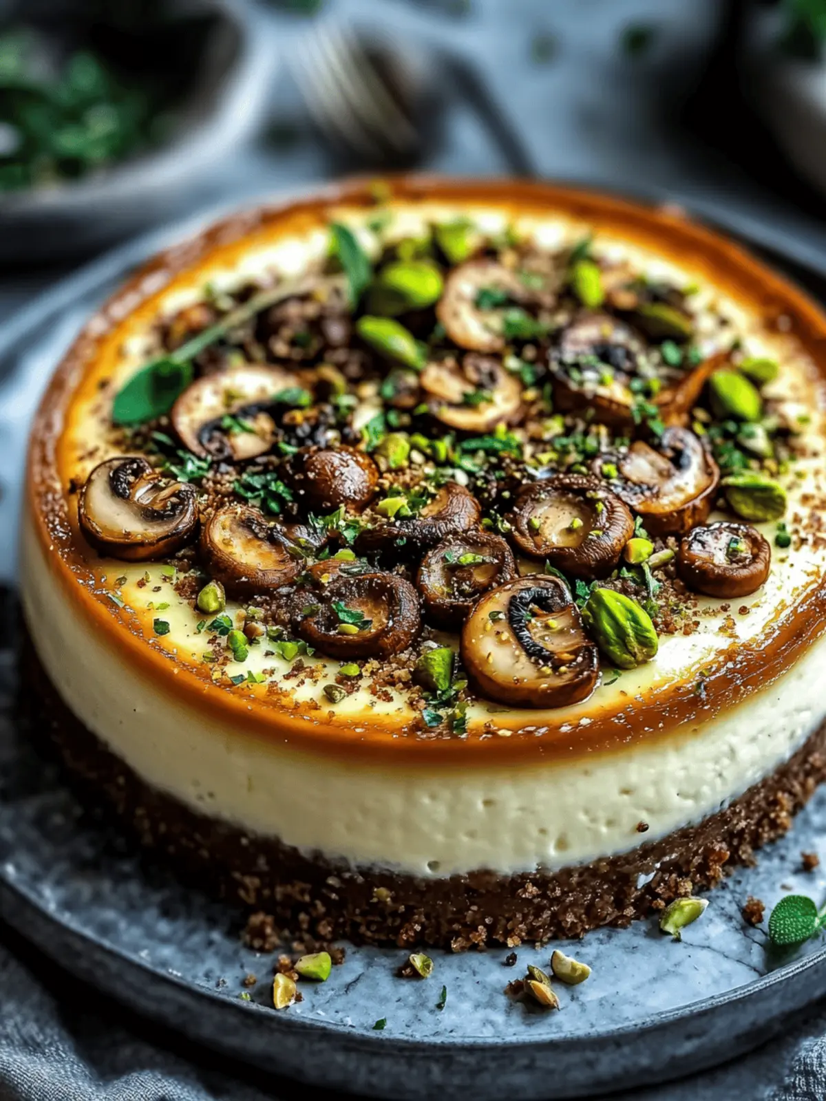 Pistachio and Mushroom Cheesecake with Feta & Parmesan Crust