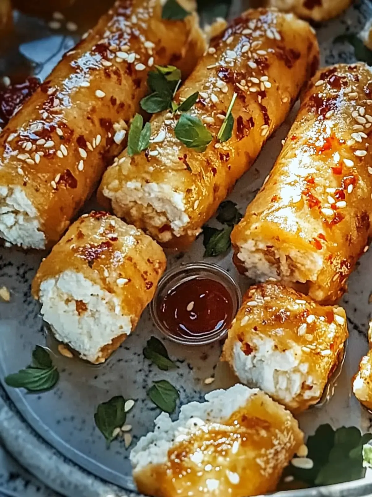 Oven Fried Feta Rolls with Chili Honey