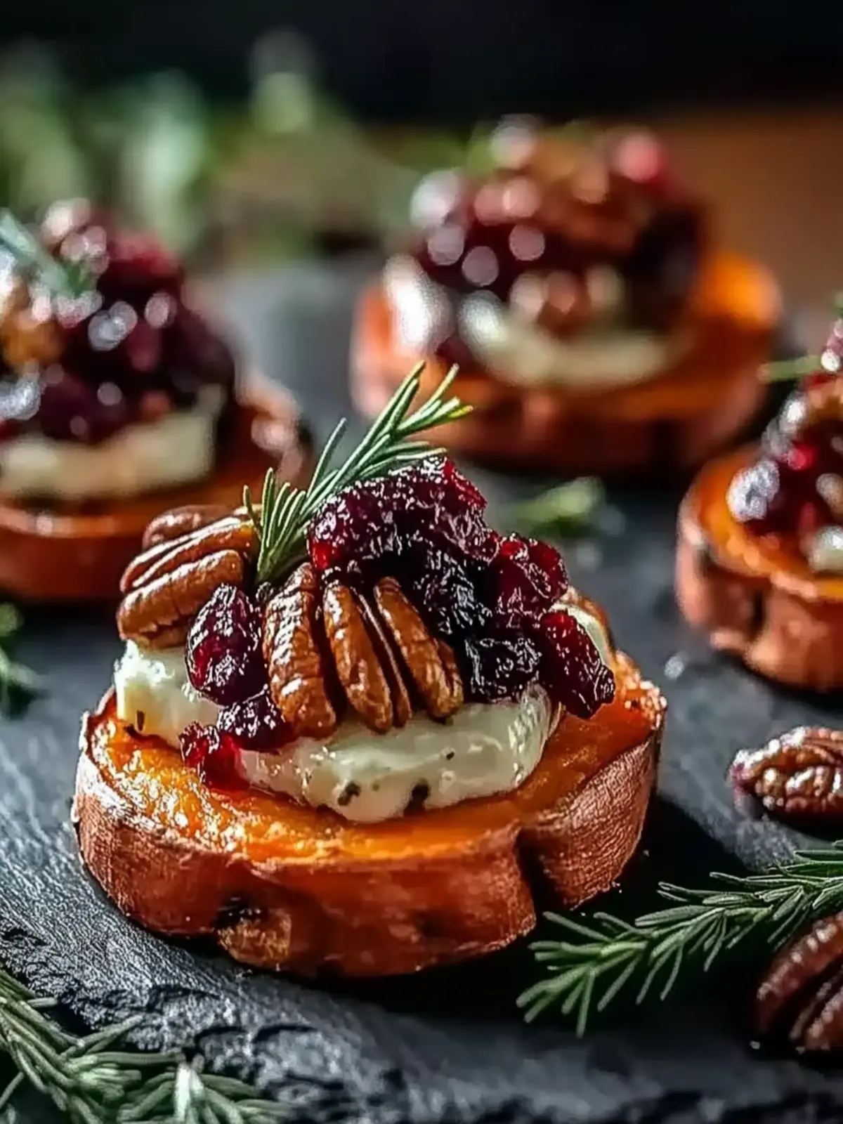 Sweet Potato Rounds with Brie Cranberry and Pecans