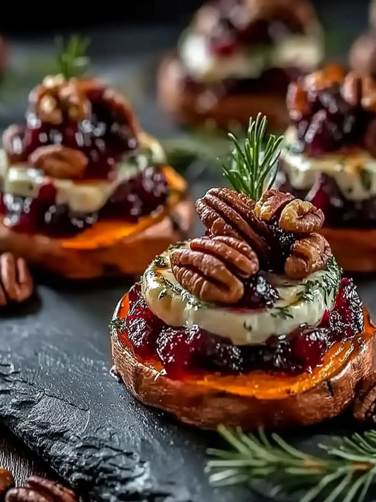 Sweet Potato Rounds with Brie Cranberry and Pecans