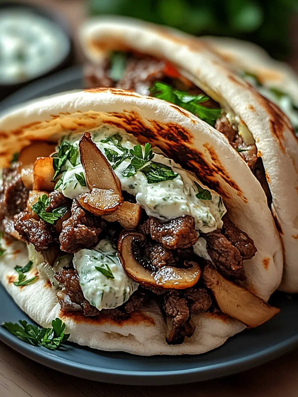 Cheesy Beef and Mushroom Pita Pockets with Tzatziki Sauce