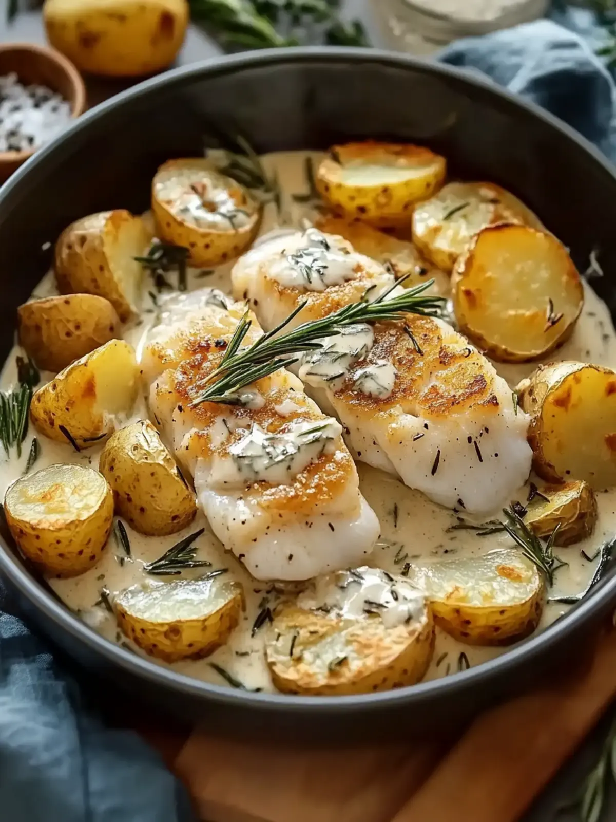 Cod and Potatoes with Rosemary Cream Sauce