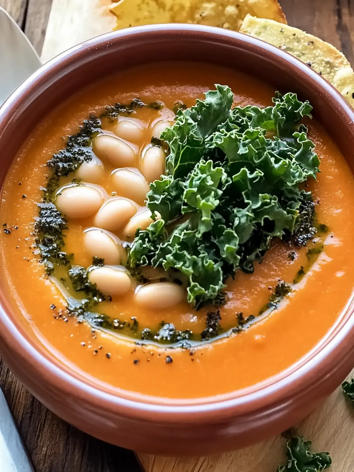 Creamy Tomato and White Bean Soup with Kale Chips