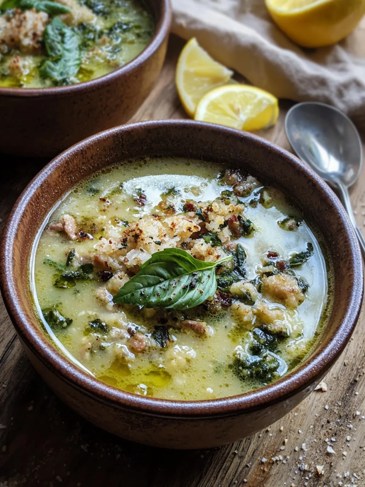 Zuppa Toscana with Basil Pesto & Lemon Broth