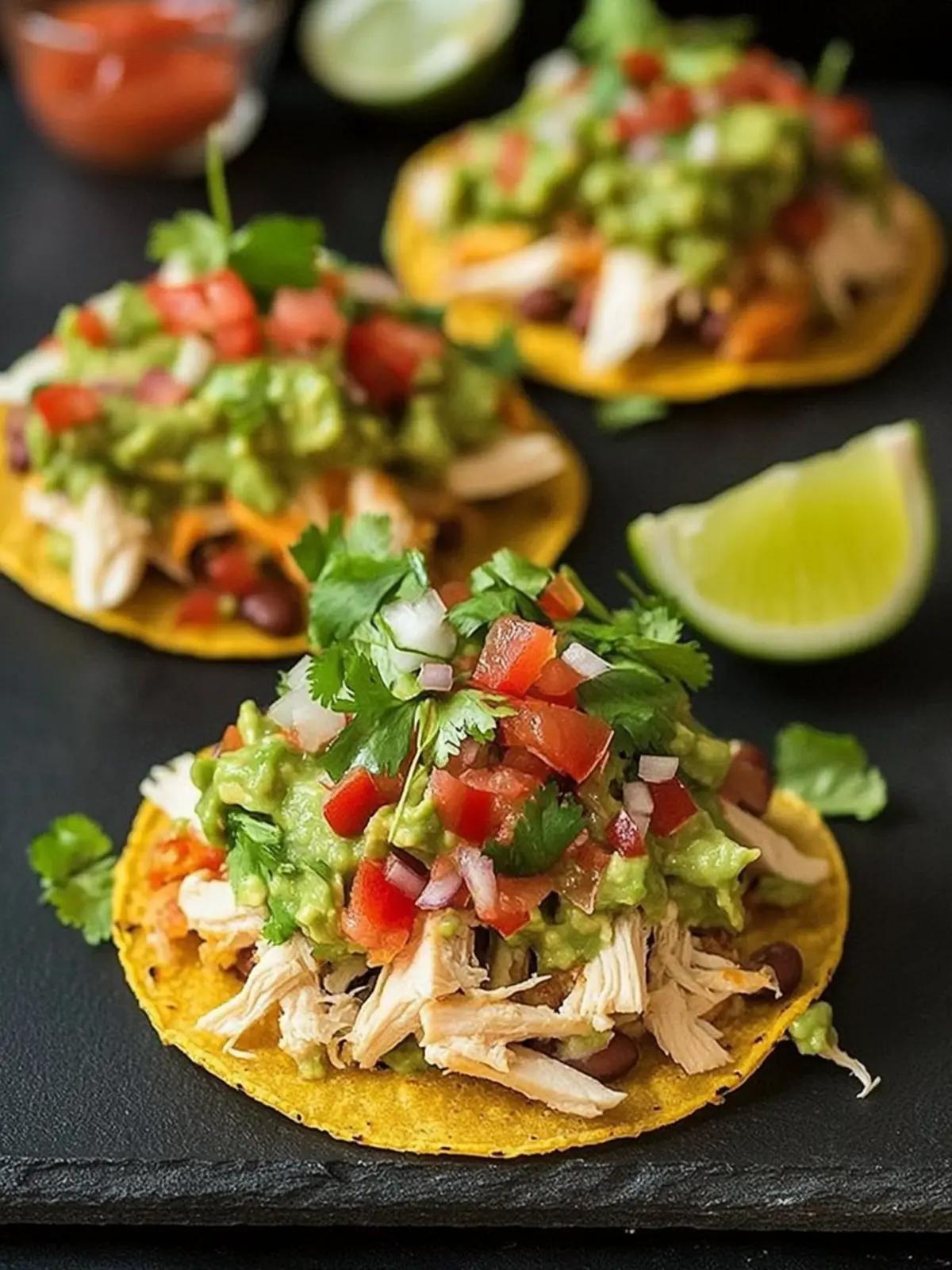 Chicken, Guacamole and Bean Tostadas