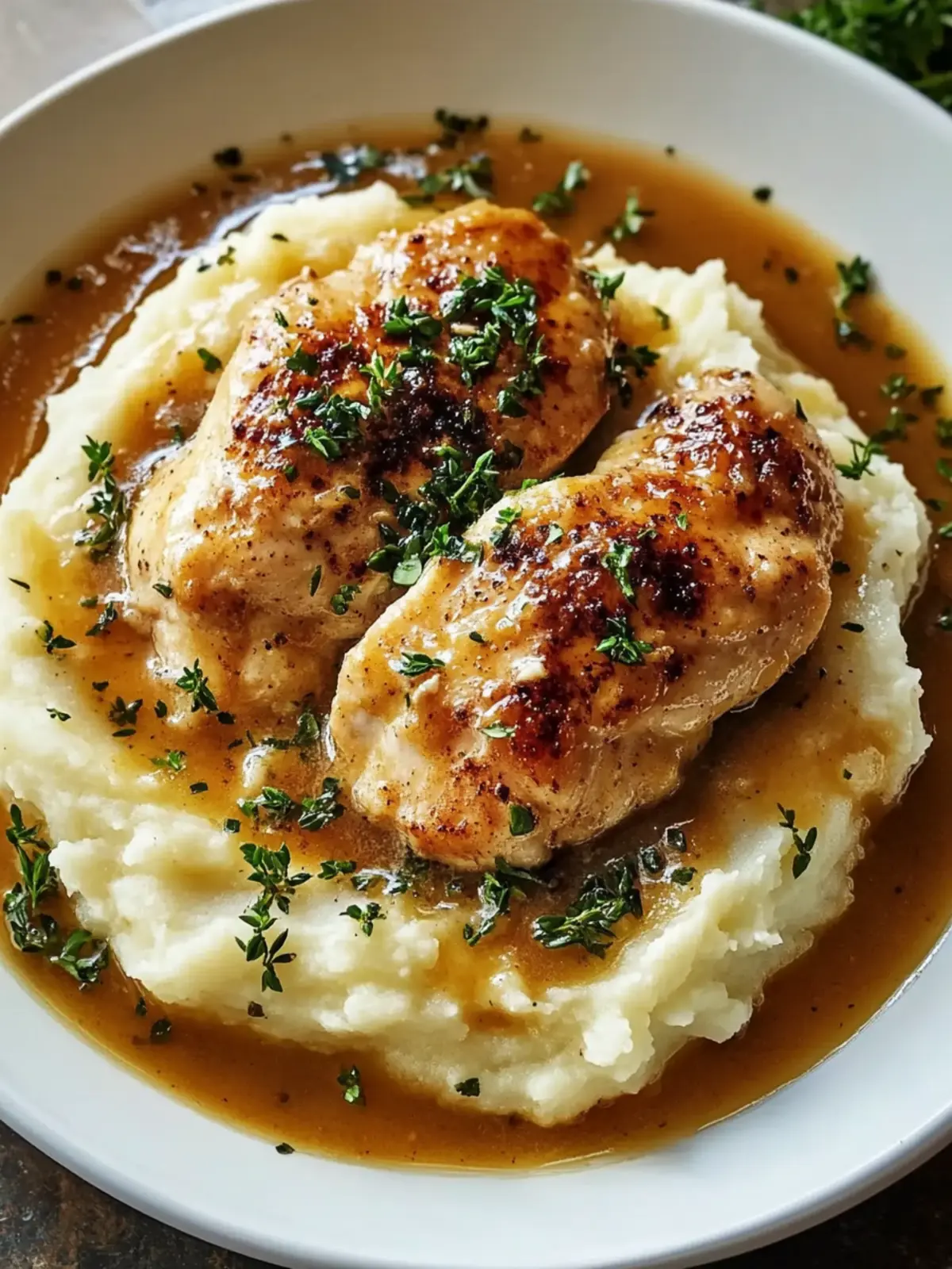 Chicken and Garlic Gravy with Cheesy Mashed Potatoes