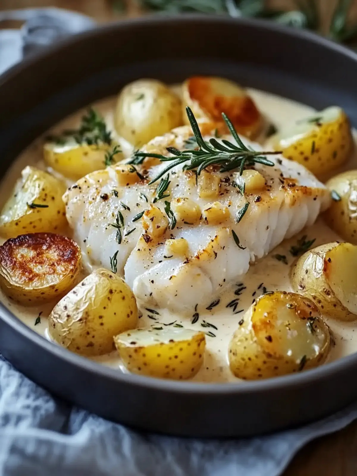 Cod and Potatoes with Rosemary Cream Sauce