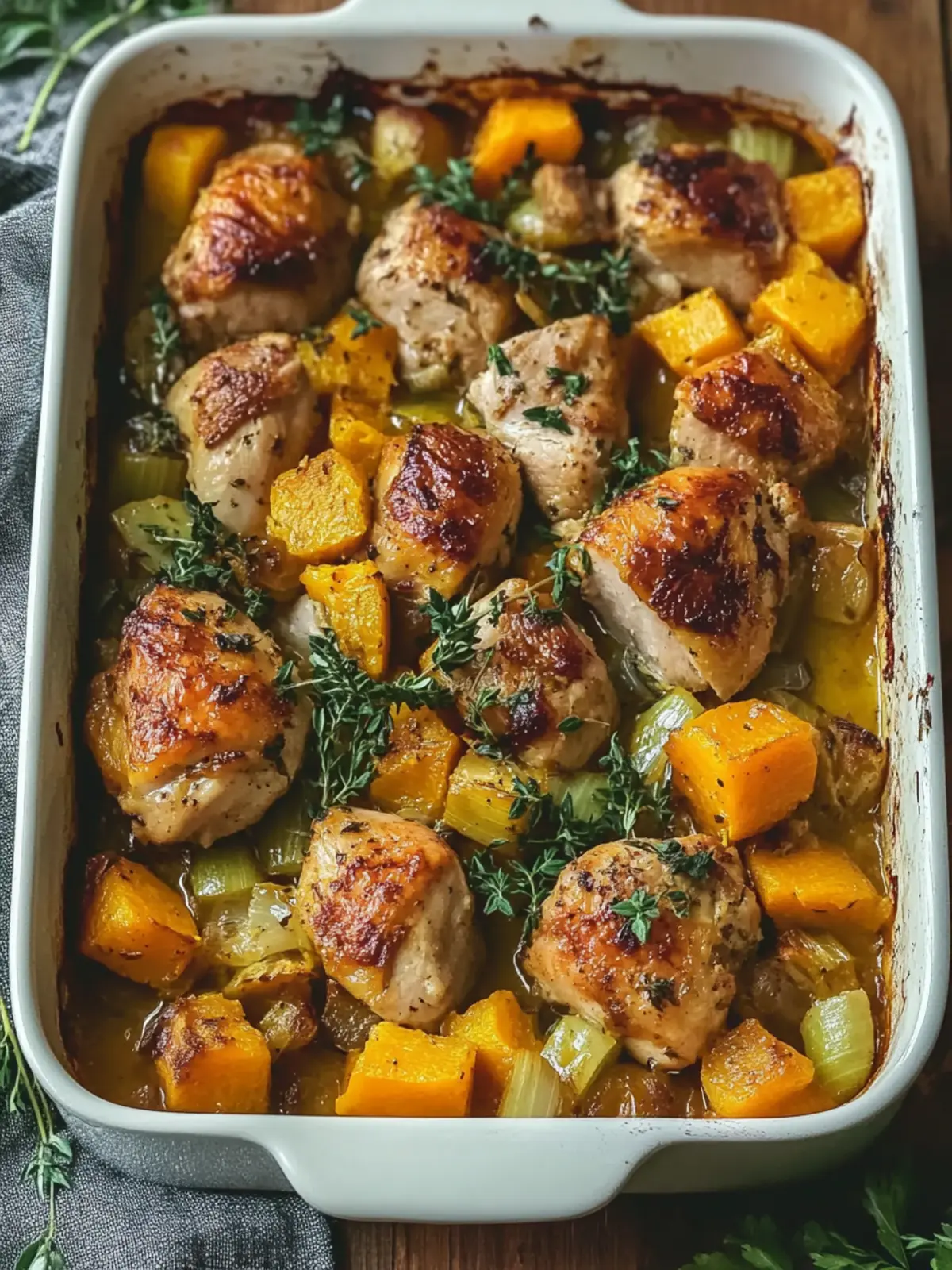 Roasted Chicken Leek and Butternut Squash Bake