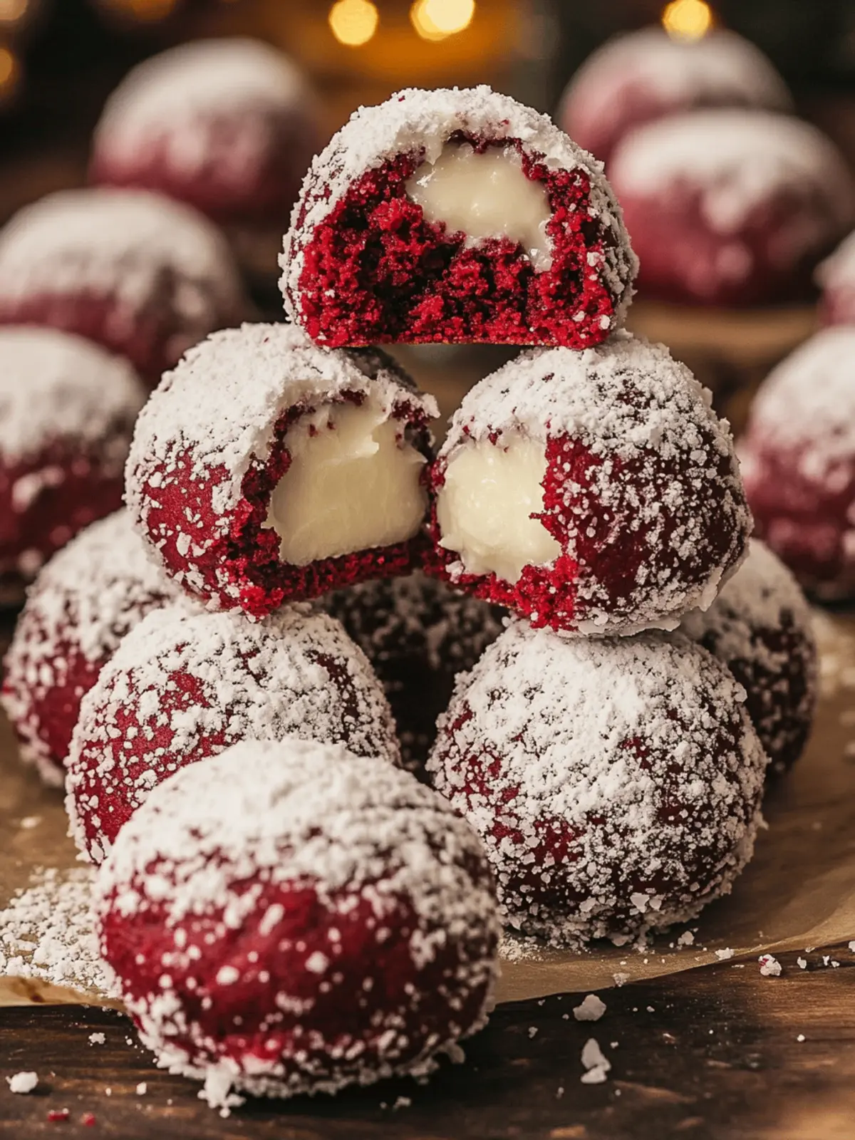 Red Velvet Snowball Cookies with White Chocolate Filling