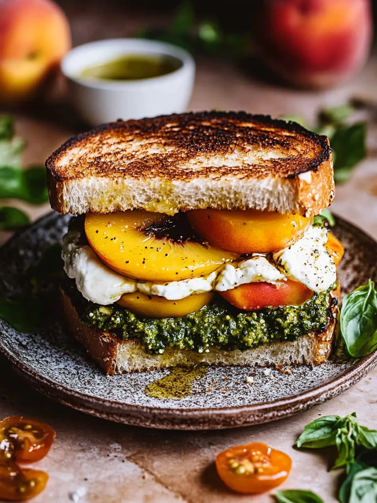 Peach, Pesto & Burrata Sandwich