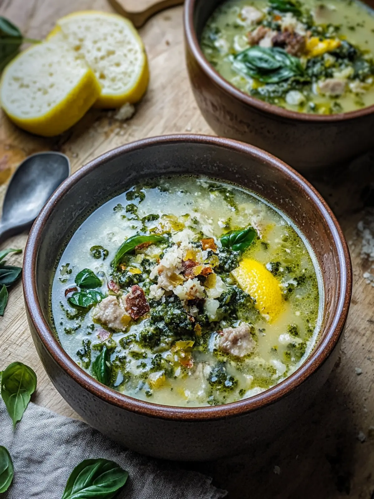 Zuppa Toscana with Basil Pesto & Lemon Broth