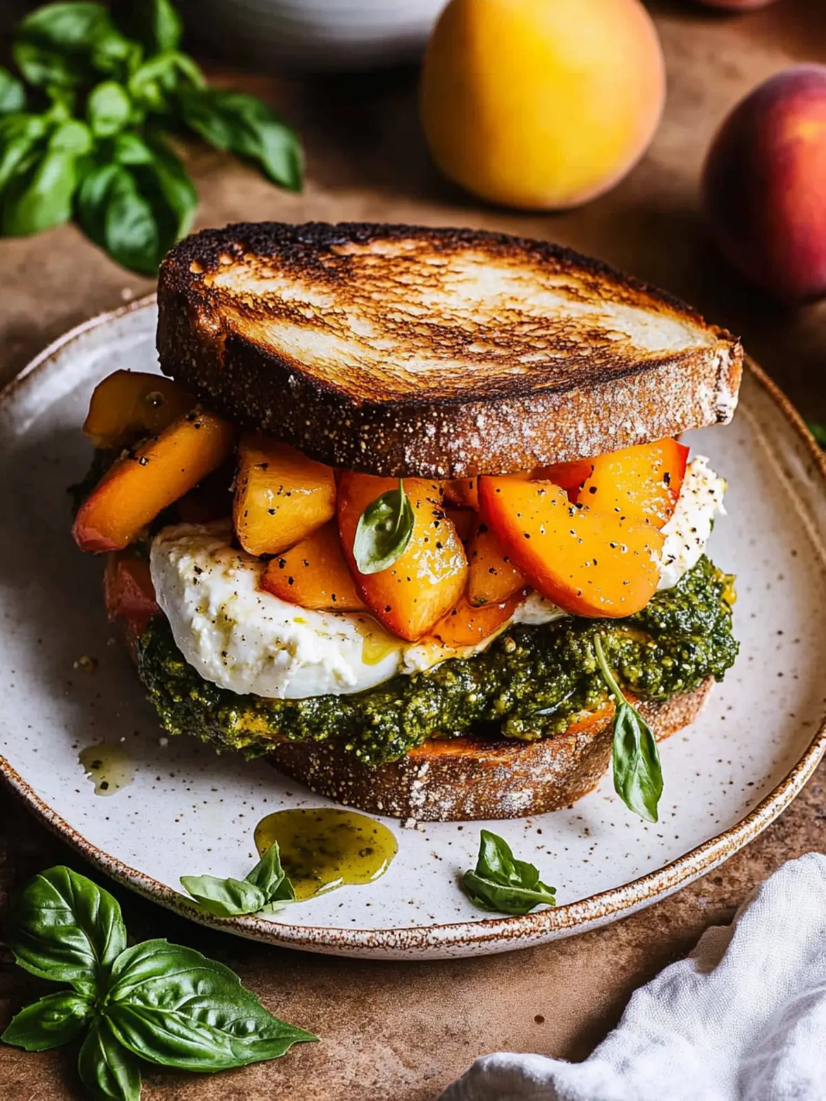 Peach, Pesto & Burrata Sandwich
