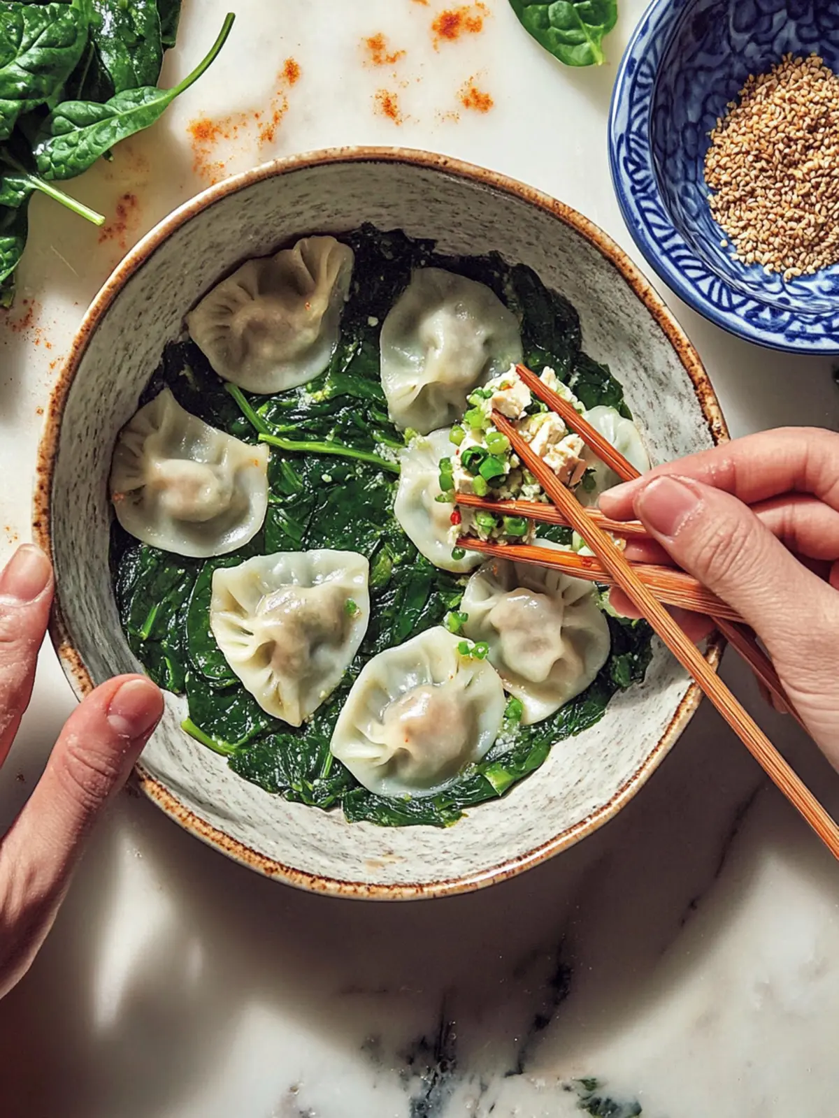 Spinach Dumplings With Tofu and Rice Noodles