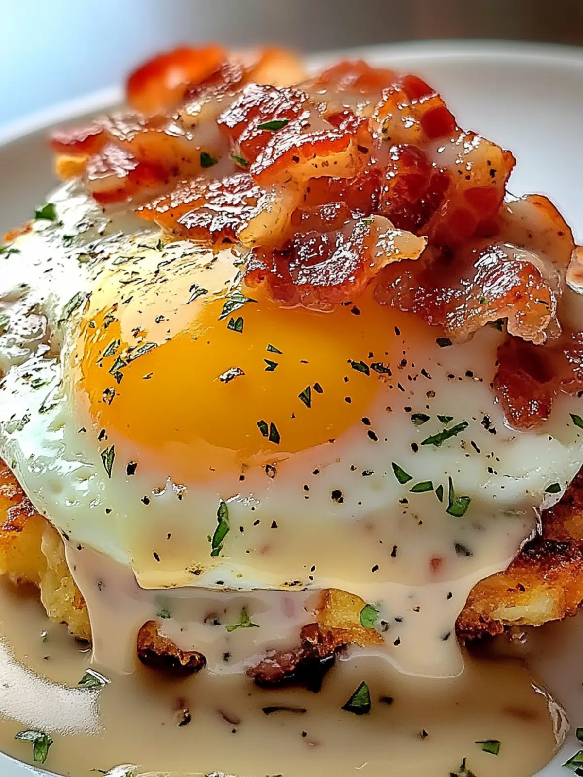 Egg Topped Hash Browns With Bacon Gravy Delight